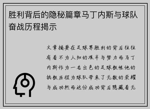 胜利背后的隐秘篇章马丁内斯与球队奋战历程揭示
